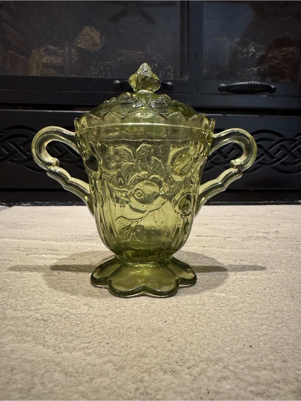 Vintage Green Glass Covered Sugar Bowl Raised Rose Pattern Double Handles